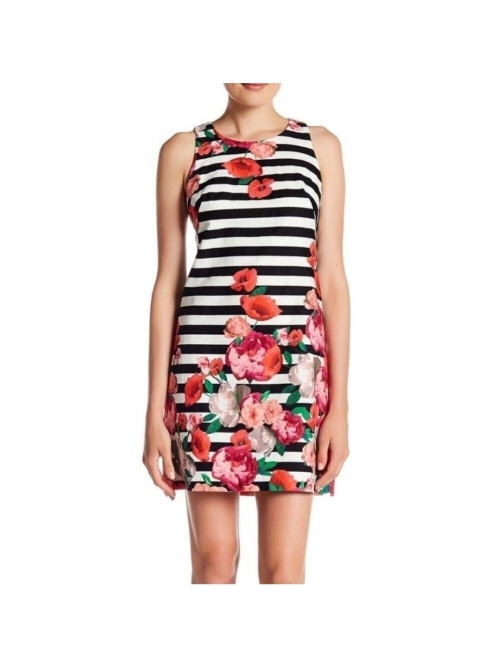 Sleeveless Sheath Dress Womens 6 Floral Striped Black and White Spring Party
